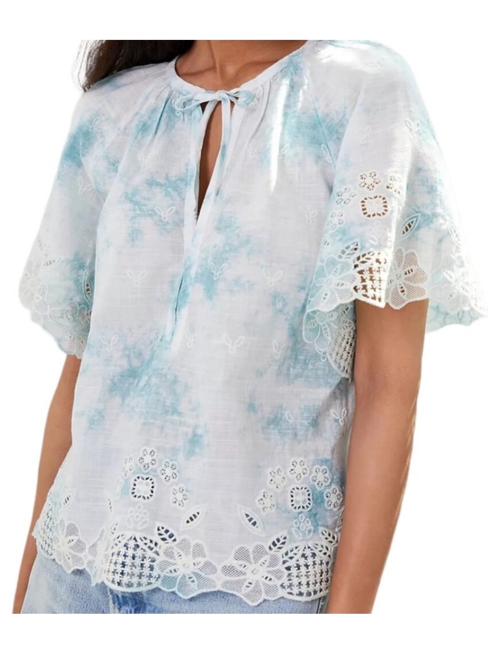 NEW Anthropologie Olivia Blue Tie Dye Embroidered Top Medium